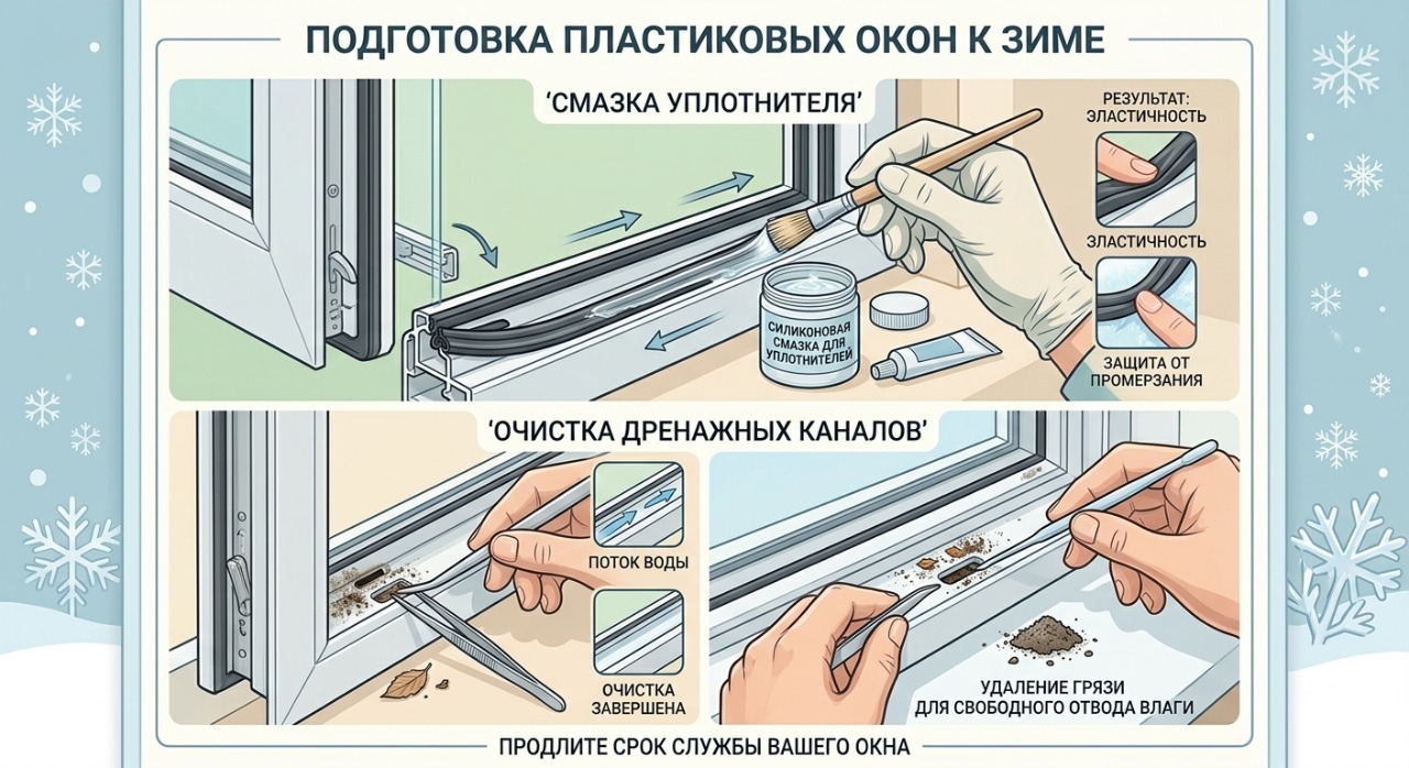 Подготовка пластиковых окон к зиме — смазка уплотнителя и очистка дренажных каналов