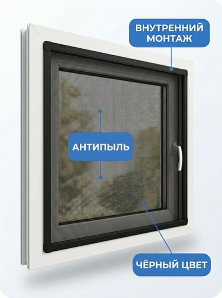 Москитная сетка внутреннего монтажа Антипыль, чёрная