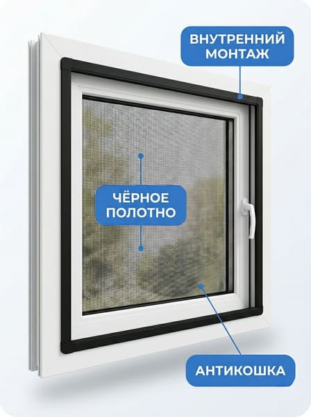Москитная сетка внутреннего монтажа Антикошка, чёрная